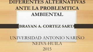 DIFERENTES ALTERNATIVAS
ANTE LA PROBLEMTICA
AMBIENTAL
BRAYAN A. CORTEZ SARTA
UNIVERSIDAD ANTONIO NARIÑO
NEIVA-HUILA
2015
 