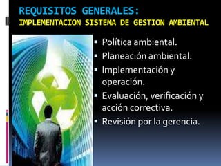REQUISITOS GENERALES:
IMPLEMENTACION SISTEMA DE GESTION AMBIENTAL
 Política ambiental.
 Planeación ambiental.
 Implementación y
operación.
 Evaluación, verificación y
acción correctiva.
 Revisión por la gerencia.
 