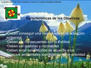 24
La gestión ambiental: Cómo implantar y mantener un sistema de gestión ambiental
La gestión ambiental: Cómo implantar y mantener un sistema de gestión ambiental
Características de los Objetivos
Deben conseguir una mejora real en la actuación
ambiental
Deben ser consecuentes con la Política
Deben ser realistas y razonables
Deben estar establecidos de acuerdo a los
aspectos ambientales significativos de la actividad
 