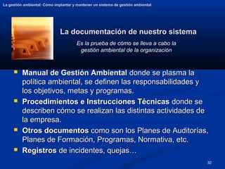 32
La documentación de nuestro sistema
La documentación de nuestro sistema
La gestión ambiental: Cómo implantar y mantener un sistema de gestión ambiental
La gestión ambiental: Cómo implantar y mantener un sistema de gestión ambiental
 Manual de Gestión Ambiental
Manual de Gestión Ambiental donde se plasma la
donde se plasma la
política ambiental, se definen las responsabilidades y
política ambiental, se definen las responsabilidades y
los objetivos, metas y programas.
los objetivos, metas y programas.
 Procedimientos e Instrucciones Técnicas
Procedimientos e Instrucciones Técnicas donde se
donde se
describen cómo se realizan las distintas actividades de
describen cómo se realizan las distintas actividades de
la empresa.
la empresa.
 Otros documentos
Otros documentos como son los Planes de Auditorías,
como son los Planes de Auditorías,
Planes de Formación, Programas, Normativa, etc.
Planes de Formación, Programas, Normativa, etc.
 Registros
Registros de incidentes, quejas…
de incidentes, quejas…
Es la prueba de cómo se lleva a cabo la
gestión ambiental de la organización
 