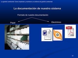33
La documentación de nuestro sistema
La documentación de nuestro sistema
La gestión ambiental: Cómo implantar y mantener un sistema de gestión ambiental
La gestión ambiental: Cómo implantar y mantener un sistema de gestión ambiental
Papel Electrónico
Formato de nuestra documentación
 