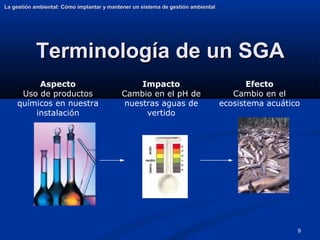 9
Terminología de un SGA
Terminología de un SGA
La gestión ambiental: Cómo implantar y mantener un sistema de gestión ambiental
La gestión ambiental: Cómo implantar y mantener un sistema de gestión ambiental
Aspecto
Uso de productos
químicos en nuestra
instalación
Impacto
Cambio en el pH de
nuestras aguas de
vertido
Efecto
Cambio en el
ecosistema acuático
 