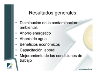 Resultados generales
• Disminución de la contaminación
  ambiental.
• Ahorro energético
• Ahorro de agua
• Beneficios económicos
• Capacitación laboral
• Mejoramiento de las condiciones de
  trabajo
 