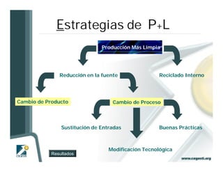 Estrategias de P+L
                               Producción Más Limpia




               Reducción en la fuente                Reciclado Interno




Cambio de Producto                 Cambio de Proceso




                Sustitución de Entradas              Buenas Prácticas



                                  Modificación Tecnológica
            Resultados
 