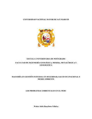 UNIVERSIDAD NACIONAL MAYOR DE SAN MARCOS




             ESCUELA UNIVERSITARIA DE POSTGRADO

   FACULTAD DE INGENIERÍA GEOLÓGICA, MINERA, METALÚRGICA Y
                         GEOGRÁFICA




MAESTRÍA EN GESTIÓN INTEGRAL EN SEGURIDAD, SALUD OCUPACIONAL Y
                        MEDIO AMBIENTE




            LOS PROBLEMAS AMBIENTALES EN EL PERU




                   Walter Julio Huaylinos Villalva
 
