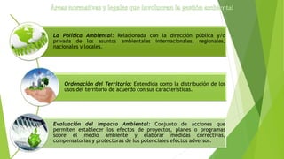 La Política Ambiental: Relacionada con la dirección pública y/o
privada de los asuntos ambientales internacionales, regionales,
nacionales y locales.
Ordenación del Territorio: Entendida como la distribución de los
usos del territorio de acuerdo con sus características.
Evaluación del Impacto Ambiental: Conjunto de acciones que
permiten establecer los efectos de proyectos, planes o programas
sobre el medio ambiente y elaborar medidas correctivas,
compensatorias y protectoras de los potenciales efectos adversos.
 