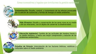 Contaminación: Estudio, control, y tratamiento de los efectos provocados
por la adición de sustancias y formas de energía al medio ambiente.
Vida Silvestre: Estudio y conservación de los seres vivos en su medio
y de sus relaciones, con el objeto de conservar la biodiversidad.
Educación Ambiental: Cambio de las actitudes del hombre frente a
su medio biofísico, y hacia una mejor comprensión y solución de los
problemas ambientales.
Estudios de Paisaje: Interrelación de los factores bióticos, estéticos y
culturales sobre el medio ambiente
 