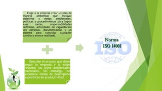 Exige a la empresa crear un plan de
manejo ambiental que incluya:
objetivos y metas ambientales,
políticas y procedimientos para lograr
esas metas, responsabilidades
definidas, actividades de capacitación
del personal, documentación y un
sistema para controlar cualquier
cambio y avance realizado.
Describe el proceso que debe
seguir la empresa y le exige
respetar las leyes ambientales
nacionales. Sin embargo, no
establece metas de desempeño
específicas de productividad.
 