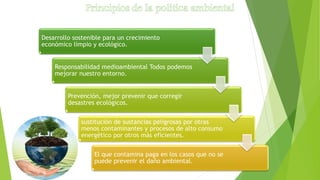 Desarrollo sostenible para un crecimiento
económico limpio y ecológico.
Responsabilidad medioambiental Todos podemos
mejorar nuestro entorno.
Prevención, mejor prevenir que corregir
desastres ecológicos.
sustitución de sustancias peligrosas por otras
menos contaminantes y procesos de alto consumo
energético por otros más eficientes.
El que contamina paga en los casos que no se
puede prevenir el daño ambiental.
 