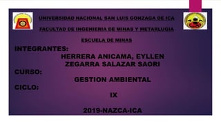 UNIVERSIDAD NACIONAL SAN LUIS GONZAGA DE ICA
FACULTAD DE INGENIERIA DE MINAS Y METARLUGIA
ESCUELA DE MINAS
INTEGRANTES:
HERRERA ANICAMA, EYLLEN
ZEGARRA SALAZAR SAORI
CURSO:
GESTION AMBIENTAL
CICLO:
IX
2019-NAZCA-ICA
 