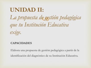 
CAPACIDADES
Elabora una propuesta de gestión pedagógica a partir de la
identificación del diagnóstico de su Institución Educativa.
UNIDAD II:
La propuesta de gestión pedagógica
que tu Institución Educativa
exige.
 