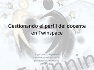 Gestionando el perfil del docente
en Twinspace
Ángel Luis Gallego Real
Camilo Rodríguez Macías
Embajadores eTwinning
Extremadura
 
