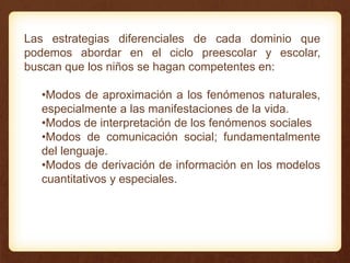 Las estrategias diferenciales de cada dominio que
podemos abordar en el ciclo preescolar y escolar,
buscan que los niños se hagan competentes en:
•Modos de aproximación a los fenómenos naturales,
especialmente a las manifestaciones de la vida.
•Modos de interpretación de los fenómenos sociales
•Modos de comunicación social; fundamentalmente
del lenguaje.
•Modos de derivación de información en los modelos
cuantitativos y especiales.
 