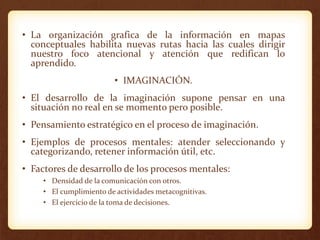 • La organización grafica de la información en mapas
conceptuales habilita nuevas rutas hacia las cuales dirigir
nuestro foco atencional y atención que redifican lo
aprendido.
• IMAGINACIÓN.
• El desarrollo de la imaginación supone pensar en una
situación no real en se momento pero posible.
• Pensamiento estratégico en el proceso de imaginación.
• Ejemplos de procesos mentales: atender seleccionando y
categorizando, retener información útil, etc.
• Factores de desarrollo de los procesos mentales:
• Densidad de la comunicación con otros.
• El cumplimiento de actividades metacognitivas.
• El ejercicio de la toma de decisiones.
 