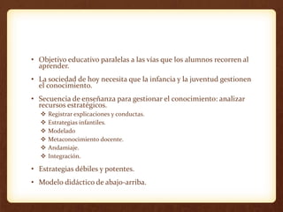 • Objetivo educativo paralelas a las vías que los alumnos recorren al
aprender.
• La sociedad de hoy necesita que la infancia y la juventud gestionen
el conocimiento.
• Secuencia de enseñanza para gestionar el conocimiento: analizar
recursos estratégicos.
 Registrar explicaciones y conductas.
 Estrategias infantiles.
 Modelado
 Metaconocimiento docente.
 Andamiaje.
 Integración.
• Estrategias débiles y potentes.
• Modelo didáctico de abajo-arriba.
 