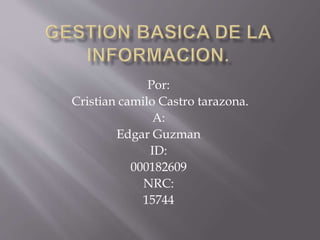 Por:
Cristian camilo Castro tarazona.
A:
Edgar Guzman
ID:
000182609
NRC:
15744
 