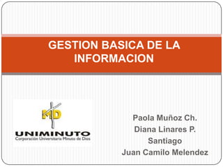 GESTION BASICA DE LA
   INFORMACION




             Paola Muñoz Ch.
              Diana Linares P.
                 Santiago
           Juan Camilo Melendez
 