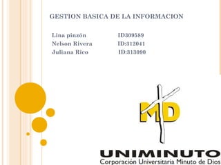 GESTION BASICA DE LA INFORMACION


Lina pinzón     ID309589
Nelson Rivera   ID:312041
Juliana Rico    ID:313090
 