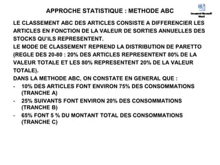 APPROCHE STATISTIQUE : METHODE ABC
LE CLASSEMENT ABC DES ARTICLES CONSISTE A DIFFERENCIER LES
ARTICLES EN FONCTION DE LA VALEUR DE SORTIES ANNUELLES DES
STOCKS QU’ILS REPRESENTENT.
LE MODE DE CLASSEMENT REPREND LA DISTRIBUTION DE PARETTO
(REGLE DES 20-80 : 20% DES ARTICLES REPRESENTENT 80% DE LA
VALEUR TOTALE ET LES 80% REPRESENTENT 20% DE LA VALEUR
TOTALE).
DANS LA METHODE ABC, ON CONSTATE EN GENERAL QUE :
- 10% DES ARTICLES FONT ENVIRON 75% DES CONSOMMATIONS
(TRANCHE A)
- 25% SUIVANTS FONT ENVIRON 20% DES CONSOMMATIONS
(TRANCHE B)
- 65% FONT 5 % DU MONTANT TOTAL DES CONSOMMATIONS
(TRANCHE C)
 