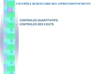 CONTRÔLE BUDGETAIRE DES APPROVISIONNEMENTS
- CONTROLES QUANTITATIFS
- CONTROLES DES COUTS
 