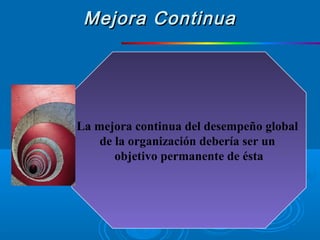 La mejora continua del desempeño global
de la organización debería ser un
objetivo permanente de ésta
Mejora ContinuaMejora Continua
 