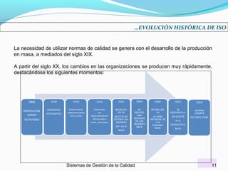 …EVOLUCIÓN HISTÓRICA DE ISO

La necesidad de utilizar normas de calidad se genera con el desarrollo de la producción
en masa, a mediados del siglo XIX.
A partir del siglo XX, los cambios en las organizaciones se producen muy rápidamente,
destacándose los siguientes momentos:

Sistemas de Gestión de la Calidad

11

 