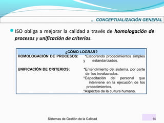 … CONCEPTUALIZACIÓN GENERAL

ISO obliga a mejorar la calidad a través de homologación de

procesos y unificación de criterios.
¿CÓMO LOGRAR?
HOMOLOGACIÓN DE PROCESOS:
*Elaborando procedimientos simples
y
estandarizados.
UNIFICACIÓN DE CRITERIOS:

*Entendimiento del sistema, por parte
de los involucrados.
*Capacitación del personal que
interviene en la ejecución de los
procedimientos.
*Aspectos de la cultura humana.

Sistemas de Gestión de la Calidad

14

 