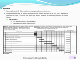  PROGRAMA
 Es el conglomerado de objetivo, política, estrategia, reglas y procedimientos,
 Su representación debe ser gráfica. Se pueden utilizar gráficas de Gantt, red de ruta crítica, sistemas de

programación lineal o cualquier otro medio que permita mantener el control del programa de manera
objetiva.
PRESUPUESTO
Es la expresión numérica de un programa.
El presupuesto es la base real del control.

Sistemas de Gestión de la Calidad

54

 