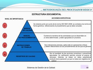 … METODOLOGÍA DEL PROCESADOR BÁSICO
ESTRUCTURA DOCUMENTAL
ACCIONES ESPECÍFICAS

NIVEL DE IMPORTANCIA

Se redacta punto por punto de la norma ISO 9001:2008; se contesta a la norma en
forma genérica referenciando el procedimiento que se debe consultar.

1
MANUAL
DE CALIDAD

2

3

4

MANUAL
DE PROCEDIMIENTOS

INSTRUCCIONES
DE TRABAJO

REGISTROS DE CALIDAD

Contiene la narrativa de las actividades que se desarrollan en
un área determinada y están agrupadas en procesos.

Son indicaciones precisas, aplica sólo en operaciones críticas
y deben relacionarse con los procedimientos de los que se generan.

Son el resultado de las acciones correctivas o preventivas
ejecutadas. Su verificación permite conocer el avance o
retroceso. Además, se basan en datos estadísticos
producto de la operación ya que no todos son registros de
calidad.

Sistemas de Gestión de la Calidad

58

 