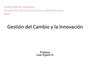 Gestión del Cambio y la Innovación
Profesor
Juan Egaña G.
Universidad de Valparaíso
Facultad de Ciencias Económicas y Administrativas
EICO
 