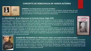 SPINOZA, Una Interpretación racional de la Política.
La Democracia es la forma mas justa, se presenta como el sistema, donde las leyes son mas
racionales, priva el bienestar de la comunidad y el individuo goza de libertad, se puede decir
que para Spinoza, el único Estado racional es la Democracia.
J:J:RAUSSEAU, de los Discursos al Contrato Social. Siglo XVIII
Rousseau cuando se refiere a la democracia, advierte que dicha forma de gobierno nunca ha existido –ni si quiera en la
Grecia Clásica- y que tampoco existirá en el futuro, puesto que no es natural que la mayoría gobierne y que la minoría
sea gobernada; y además alude a que el pueblo jamás tendrá la capacidad absoluta de encargarse de administrar por si
mismo el Estado, hay que tener mucha capacidad para tal labor. La democracia de Rousseau es aquella que “no se
propone limitar el poder sino distribuirlo de forma igual entre todos los contrayentes.
La democracia ideal para Rousseau, es aquella que está enmarcada en un pequeño territorio, ya que así es más fácil
concurrir a las asambleas o reuniones, y es más fácil por ende conocer a los demás conciudadanos en dichas reuniones;
también, tiene que haber una relativa igualdad material entre los ciudadanos “sin lo cual la igualdad no podría subsistir por
largo tiempo en los derechos y en la autoridad; en fin, poco o ningún lujo, porque éste corrompe a la vez al rico y al pobre:
a uno por su posesión, y al otro por la envidia
CONCEPTO DE DEMOCRACIA DE VARIOS AUTORES
ALEXIS DE TOCQUEVILLE, Reflexiones sobre una experiencia Democratiza.
La principal tesis de Tocqueville consiste en definir la igualdad de condiciones como base de la estructura de deseos
del humano democrático. Pero cuidado, porque esa igualdad no es un estado real de las cosas, es una percepción.
Lo nuevo no es tanto la movilidad social como que las personas que viven en condiciones desigualitarias se sientan
iguales. Ello genera la tensión; la inquietud derivada de las expectativas sociales creadas por la democracia y las
posibilidades reales de cumplirlas. Como llega a decir Alexis de Tocqueville con rotundidad, en América hay muchas
personas ambiciosas y ninguna gran ambición.
 