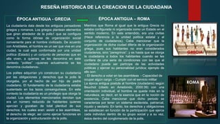ÉPOCA ANTIGUA - GRECIA
La ciudadanía data desde los antiguos pensadores
griegos y romanos. Los griegos plantean elementos
que giran alrededor de la polis1 que se configura
como la forma idónea de organización social
conveniente para el hombre civilizado. De acuerdo
con Aristóteles, el hombre es un ser que vive en una
ciudad, la cual está conformada por una unidad
política (Estado) y un conjunto de personas que en
ella viven, a quienes se les denomina en este
contexto “polites” –quienes actualmente se les
denomina ciudadanos-.
Los polites adquirían y/o construían su ciudadanía
por las obligaciones y derechos que la polis le
otorgaba, por el hecho de ser hijo de padre
ciudadano. El fundamento de la ciudadanía estaba
sustentado en los lazos consanguíneos. En este
contexto la ciudadanía es un privilegio que otorga la
ciudad. Los elementos mencionados denotan que
era un número reducido de habitantes quienes
ejercían y gozaban de total plenitud de sus
derechos; los cuales eran: asistir a las asambleas,
el derecho de elegir, así como ejercer funciones en
la organización y estructuración de la polis.
RESEÑA HISTORICA DE LA CREACION DE LA CIUDADANIA
ÉPOCA ANTIGUA – ROMA
Mientras que Roma al igual que la antigua Grecia no
estaba configurada ni organizada como un Estado en el
sentido moderno. En este entendido, era una civitas
(Hace referencia a la unidad política estatal y al
conjunto de ciudadanos). Cabe mencionar que la
organización de dicha ciudad difería de la organización
griega, pues sus habitantes no eran considerados
ciudadanos, sino “peregrinos”; y es hasta que se otorga
la ciudadanía a todos los habitantes cuando se les
confiere de una serie de condiciones con las que el
ciudadano puede ser partícipe de las actividades
públicas y ejercer su personalidad jurídica; ejemplo de
ello son:
- El derecho a votar en las asambleas - Capacidad de
ocupar algún cargo - Cumplir con el servicio militar
La época antigua postula al hombre (ciudadano) según
Beuchot (citado en Arredondo, 2000:39) con una
orientación individual, el hombre se queda más en la
naturaleza, es decir, en la esencia que en la noción de
existencia. Cabe mencionar que dicho periodo se
caracteriza por tener un sistema esclavista, patriarcal,
injusto y sectario. En tanto, los derechos y obligaciones
se establecen en función de la participación que ejerce
cada individuo dentro de su grupo social y a su vez,
éstos dentro del conglomerado de la polis.
GRECIA
ROMA
 