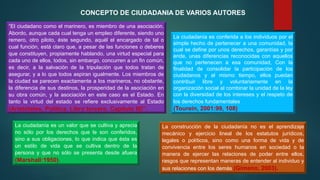“El ciudadano como el marinero, es miembro de una asociación.
Abordo, aunque cada cual tenga un empleo diferente, siendo uno
remero, otro piloto, éste segundo, aquél el encargado de tal o
cual función, está claro que, a pesar de las funciones o deberes
que constituyen, propiamente hablando, una virtud especial para
cada uno de ellos, todos, sin embargo, concurren a un fin común,
es decir, a la salvación de la tripulación que todos tratan de
asegurar, y a lo que todos aspiran igualmente. Los miembros de
la ciudad se parecen exactamente a los marineros, no obstante,
la diferencia de sus destinos, la prosperidad de la asociación en
su obra común, y la asociación en este caso es el Estado. En
tanto la virtud del estado se refiere exclusivamente al Estado
(Aristóteles, Política. Libro tercero. Capítulo III)”.
CONCEPTO DE CIUDADANIA DE VARIOS AUTORES
La ciudadanía es un valor que se cultiva y aprecia
no sólo por los derechos que le son conferidos,
sino a sus obligaciones, lo que indica que ésta es
un estilo de vida que se cultiva dentro de la
persona y que no sólo se presenta desde afuera
(Marshall:1950).
La ciudadanía es conferida a los individuos por el
simple hecho de pertenecer a una comunidad, la
cual se define por unos derechos, garantías y por
ende, unas diferencias reconocidas con aquellos
que no pertenecen a esa comunidad, Con la
finalidad de consolidar la participación de los
ciudadanos y al mismo tiempo, ellos puedan
contribuir libre y voluntariamente en la
organización social al combinar la unidad de la ley
con la diversidad de los intereses y el respeto de
los derechos fundamentales
(Tourein, 2001:99, 108)
La construcción de la ciudadanía no es el aprendizaje
mecánico y ejercicio lineal de los estatutos jurídicos,
legales o políticos, sino como una forma de vida y de
convivencia entre los seres humanos en sociedad o la
manera de ejercer las relaciones de poder entre ellos,
rasgos que representan maneras de entender al individuo y
sus relaciones con los demás (Gimeno, 2003).
 