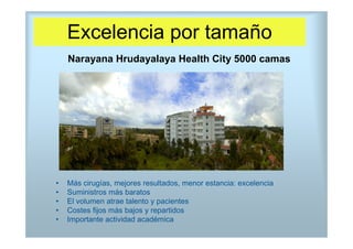 Excelencia por tamaño
    Narayana Hrudayalaya Health City 5000 camas




•   Más cirugías, mejores resultados, menor estancia: excelencia
•   Suministros más baratos
•   El volumen atrae talento y pacientes
•   Costes fijos más bajos y repartidos
•   Importante actividad académica
 
