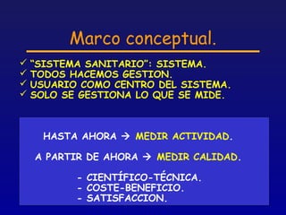 Marco conceptual.
 “SISTEMA SANITARIO”: SISTEMA.
 TODOS HACEMOS GESTION.
 USUARIO COMO CENTRO DEL SISTEMA.
 SOLO SE GESTIONA LO QUE SE MIDE.



   HASTA AHORA  MEDIR ACTIVIDAD.

  A PARTIR DE AHORA  MEDIR CALIDAD.

         - CIENTÍFICO-TÉCNICA.
         - COSTE-BENEFICIO.
         - SATISFACCION.
 