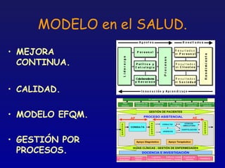 MODELO en el SALUD.
• MEJORA
  CONTINUA.


• CALIDAD.
                                                  PLANIFICACIÓN ESTRATÉGICA

                     Plan           Sistemas de        Política de    P. Desarrollo     Gestión por   Orientación al
                    Director        Información        personas        tecnológico       procesos       paciente




• MODELO EFQM.
                                                  GESTIÓN DE PACIENTES

                               AP          PROCESO ASISTENCIAL                                AE
                                                   A                                   ATENCION           E
                    A                                           CONSULTAS                                 G
                    C                              C                                  AMBULATORIA
                               CONSULTA            C                                                      R
                    C                                                                                     E
                    E                              E                              HOSPITALIZACIÓN
                                                   S             URGENCIAS                                S
                    S                                                                                     O
                                                   O




• GESTIÓN POR
                    O



                                    Apoyo Diagnóstico                Apoyo Terapéutico



  PROCESOS.                     GUÍAS CLÍNICAS - GESTIÓN DE ENFERMEDADES

                                         DOCENCIA E INVESTIGACIÓN
                 G.económico-    Gestión          Logística,    Edificios, instala Cuadros de
                                              Aprovisionamientociones y equipos     Mandos            Hostelería
                   financiera    RRHH
 