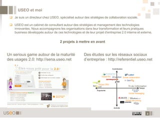 USEO et moi
  Je suis un directeur chez USEO, spécialisé autour des stratégies de collaboration sociale.

  USEO est un cabinet de consultant autour des stratégies et management des technologies
   innovantes. Nous accompagnons les organisations dans leur transformation et leurs pratiques
   business développés autour de ces technologies et de leur projet d’entreprise 2.0 interne et externe.


                                     2 projets à mettre en avant


Un serious game autour de la maturité                 Des études sur les réseaux sociaux
des usages 2.0: http://sena.useo.net                  d’entreprise : http://referentiel.useo.net




                                                                                                    3
 