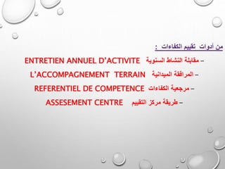 ‫الكفاءات‬ ‫تقييم‬ ‫أدوات‬ ‫من‬:
-‫السنوية‬ ‫النشاط‬ ‫مقابلة‬ENTRETIEN ANNUEL D’ACTIVITE
-‫الميدانية‬ ‫المرافقة‬L’ACCOMPAGNEMENT TERRAIN
-‫الكفاءات‬ ‫مرجعية‬REFERENTIEL DE COMPETENCE
-‫التقييم‬ ‫مركز‬ ‫طريقة‬ASSESEMENT CENTRE
 