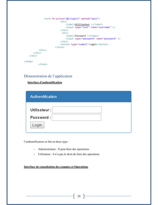 20
<form th:action="@{/login}" method="post">
<div>
<label>Utilisateur :</label>
<input type="text" name="username" />
</div>
<div>
<label>Password :</label>
<input type="password" name="password" />
</div>
<button type="submit">Login</button>
</form>
</div>
</div>
</div>
</body>
</html>
Démonstration de l’application
Interface d’authentification
l’authentification se fait en deux type :
- Administrateur : Il peut faire des operations
- Utilisateur : il n’a pas le droit de faire des operations
Interface de consultation des comptes et Operations
 