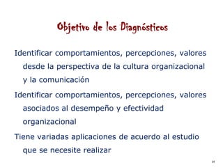 Objetivo de los Diagnósticos
Identificar comportamientos, percepciones, valores
  desde la perspectiva de la cultura organizacional
  y la comunicación

Identificar comportamientos, percepciones, valores
  asociados al desempeño y efectividad
  organizacional

Tiene variadas aplicaciones de acuerdo al estudio
  que se necesite realizar
                                                      31
 