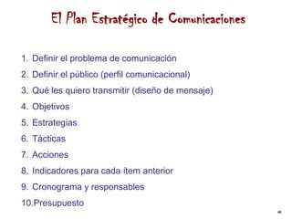 El Plan Estratégico de Comunicaciones

1. Definir el problema de comunicación
2. Definir el público (perfil comunicacional)
3. Qué les quiero transmitir (diseño de mensaje)
4. Objetivos
5. Estrategias
6. Tácticas
7. Acciones
8. Indicadores para cada ítem anterior
9. Cronograma y responsables
10.Presupuesto
                                                   40
 