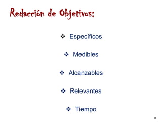 Redacción de Objetivos:
              Específicos

               Medibles

              Alcanzables

              Relevantes

                Tiempo
                             42
 