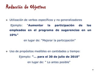 Redacción de Objetivos

   Utilización de verbos específicos y no generalizadores

    Ejemplo:     “Aumentar      la    participación      de   los
    empleados en el programa de sugerencias en un
    10%”

               en lugar de: “Mejorar la participación”



   Uso de propósitos medibles en cantidades y tiempo:

           Ejemplo: “… para el 30 de julio de 2010”

                 en lugar de: “ Lo antes posible”

                                                                    43
 