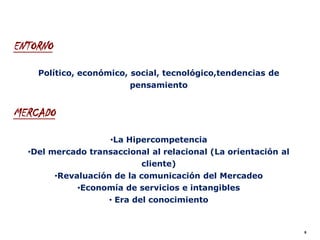 ENTORNO
    Político, económico, social, tecnológico,tendencias de
                         pensamiento


MERCADO
                     •La Hipercompetencia
  •Del mercado transaccional al relacional (La orientación al
                          cliente)
          •Revaluación de la comunicación del Mercadeo
               •Economía de servicios e intangibles
                     • Era del conocimiento


                                                                8
 