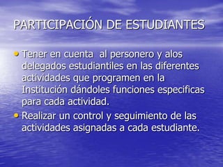 PARTICIPACIÓN DE ESTUDIANTESTener en cuenta  al personero y alos delegados estudiantiles en las diferentes actividades que programen en la Institución dándoles funciones especificas para cada actividad.Realizar un control y seguimiento de las actividades asignadas a cada estudiante.
