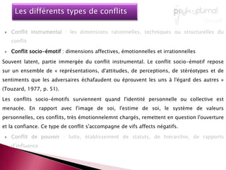 Vu communément comme un frein à la productivitéPeut au contraire favoriser la prise de décisions plus riches : Comme le mentionne Tjosvold (1987) :«Les gens comprennent les idées opposées, disposent d'une information supplémentaire et ont envisagé la perspective de l'autre, ils deviennent capables de voir les limites de leur propre point de vue et peuvent intégrer d'autres arguments ». Rôle plutôt positif