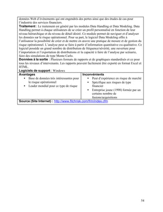 54
données Web d’événements qui ont engendrés des pertes ainsi que des études de cas pour
l’industrie des services financiers.
Traitement : Le traitement est généré par les modules Data Handling et Data Modeling. Data
Handling permet à chaque utilisateurs de se créer un profil personnalisé en fonction de leur
niveau hiérarchique et du niveau de détail désiré. Ce module permet de naviguer et d’analyser
les données sur le risque opérationnel. Pour sa part, le logiciel Data Modeling offre à
l’utilisateur la possibilité de créer et de mettre en œuvre une pratique de mesure et de gestion du
risque opérationnel. L’analyse peut se faire à partir d’information quantitative ou qualitative. Ce
logiciel possède un grand nombre de distribution de fréquence/sévérité, une ouverture pour
l’importation et l’exportation de distributions et la capacité à faire de l’analyse par scénario,
faire des simulations de type Monte Carlo.
Données à la sortie : Plusieurs formats de rapports et de graphiques standardisés et ce pour
tous les niveaux d’intervenants. Les rapports peuvent facilement être exporté en format Excel et
HTML.
Logiciels de support : Windows
Avantages
• Base de données très intéressantes pour
le risque opérationnel
• Leader mondial pour ce type de risque
Inconvénients
• Peut d’expérience en risque de marché
• Spécifique aux risques de type
financier
• Entreprise jeune (1998) formée par un
certains nombre de
fusions/acquisitions
Source (Site Internet) : http://www.fitchrisk.com/frm/index.cfm
 