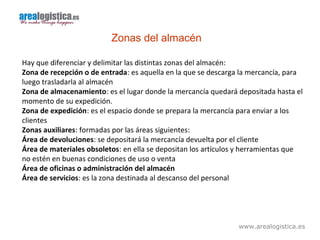 www.arealogistica.es
Zonas del almacén
Hay que diferenciar y delimitar las distintas zonas del almacén:
Zona de recepción o de entrada: es aquella en la que se descarga la mercancía, para
luego trasladarla al almacén
Zona de almacenamiento: es el lugar donde la mercancía quedará depositada hasta el
momento de su expedición.
Zona de expedición: es el espacio donde se prepara la mercancía para enviar a los
clientes
Zonas auxiliares: formadas por las áreas siguientes:
Área de devoluciones: se depositará la mercancía devuelta por el cliente
Área de materiales obsoletos: en ella se depositan los artículos y herramientas que
no estén en buenas condiciones de uso o venta
Área de oficinas o administración del almacén
Área de servicios: es la zona destinada al descanso del personal
 