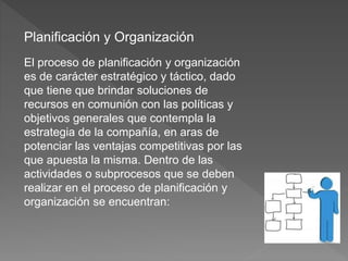 Planificación y Organización
El proceso de planificación y organización
es de carácter estratégico y táctico, dado
que tiene que brindar soluciones de
recursos en comunión con las políticas y
objetivos generales que contempla la
estrategia de la compañía, en aras de
potenciar las ventajas competitivas por las
que apuesta la misma. Dentro de las
actividades o subprocesos que se deben
realizar en el proceso de planificación y
organización se encuentran:
 