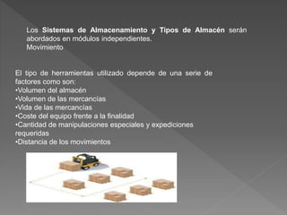 Los Sistemas de Almacenamiento y Tipos de Almacén serán
abordados en módulos independientes.
Movimiento
El tipo de herramientas utilizado depende de una serie de
factores como son:
•Volumen del almacén
•Volumen de las mercancías
•Vida de las mercancías
•Coste del equipo frente a la finalidad
•Cantidad de manipulaciones especiales y expediciones
requeridas
•Distancia de los movimientos
 